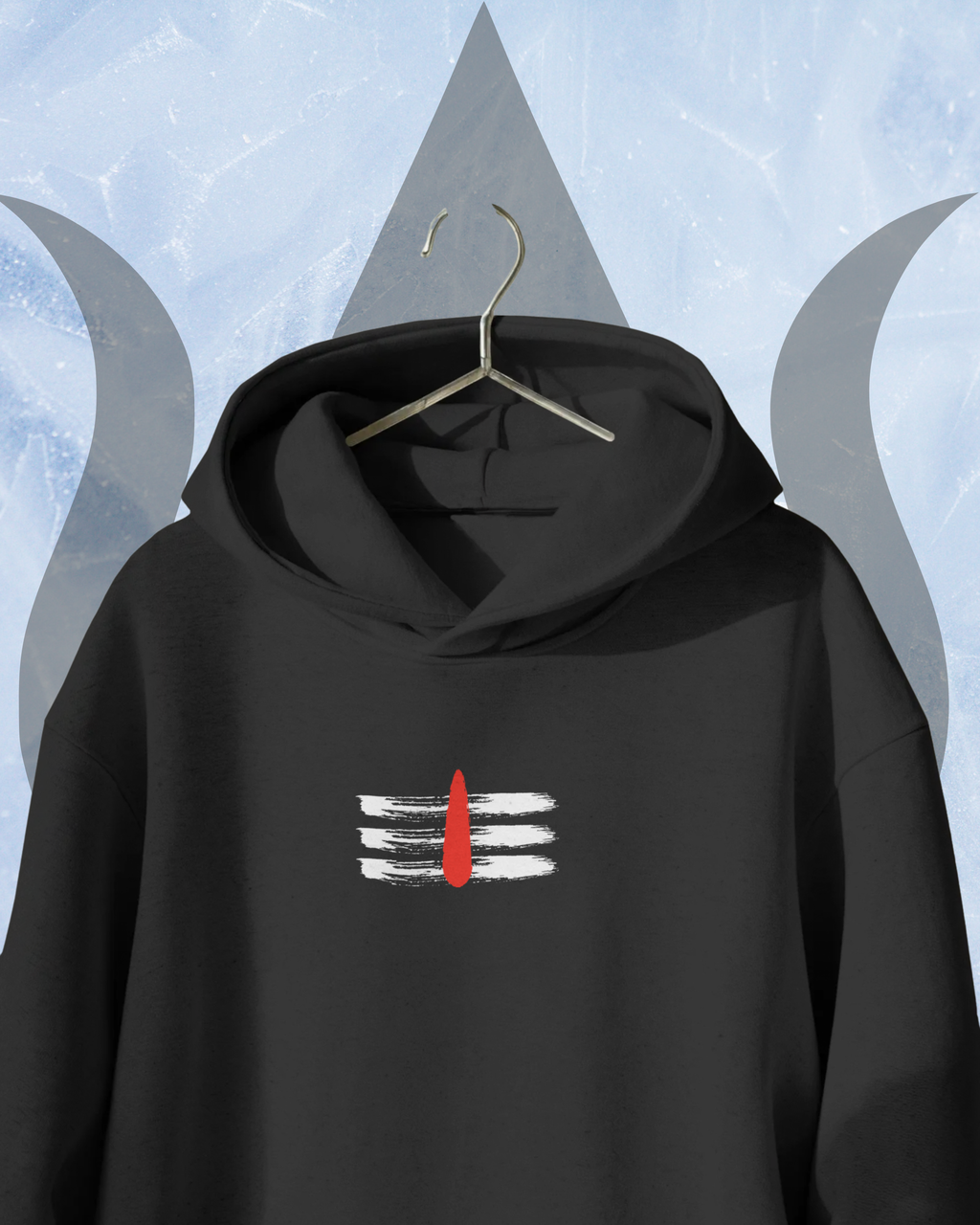 Black hoodie with a red and white graphic on a light blue background
