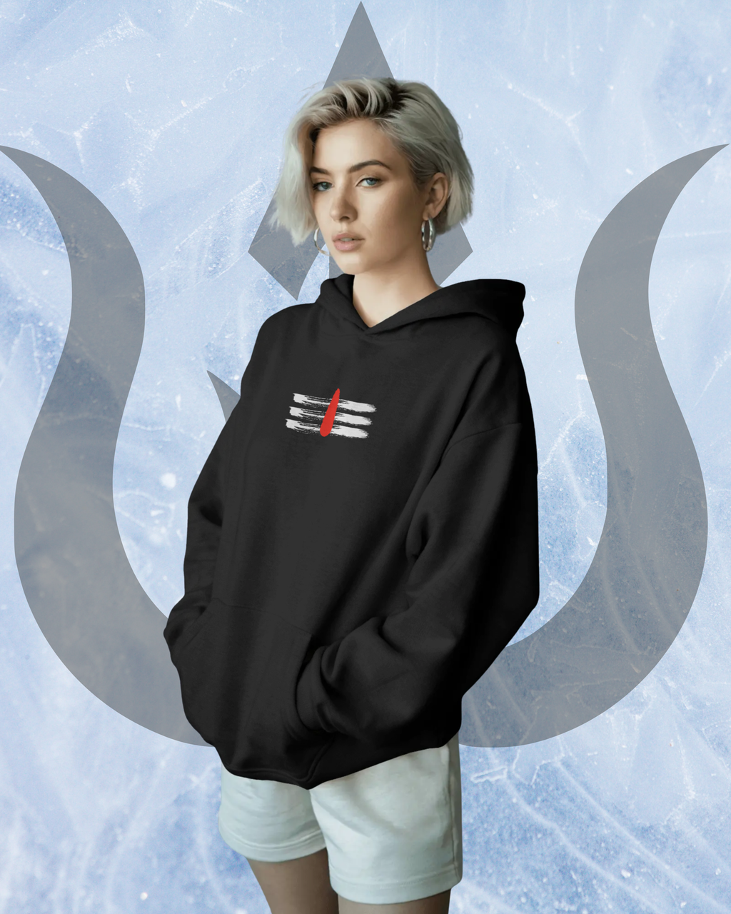 Person wearing a black hoodie with a logo against a mystical background