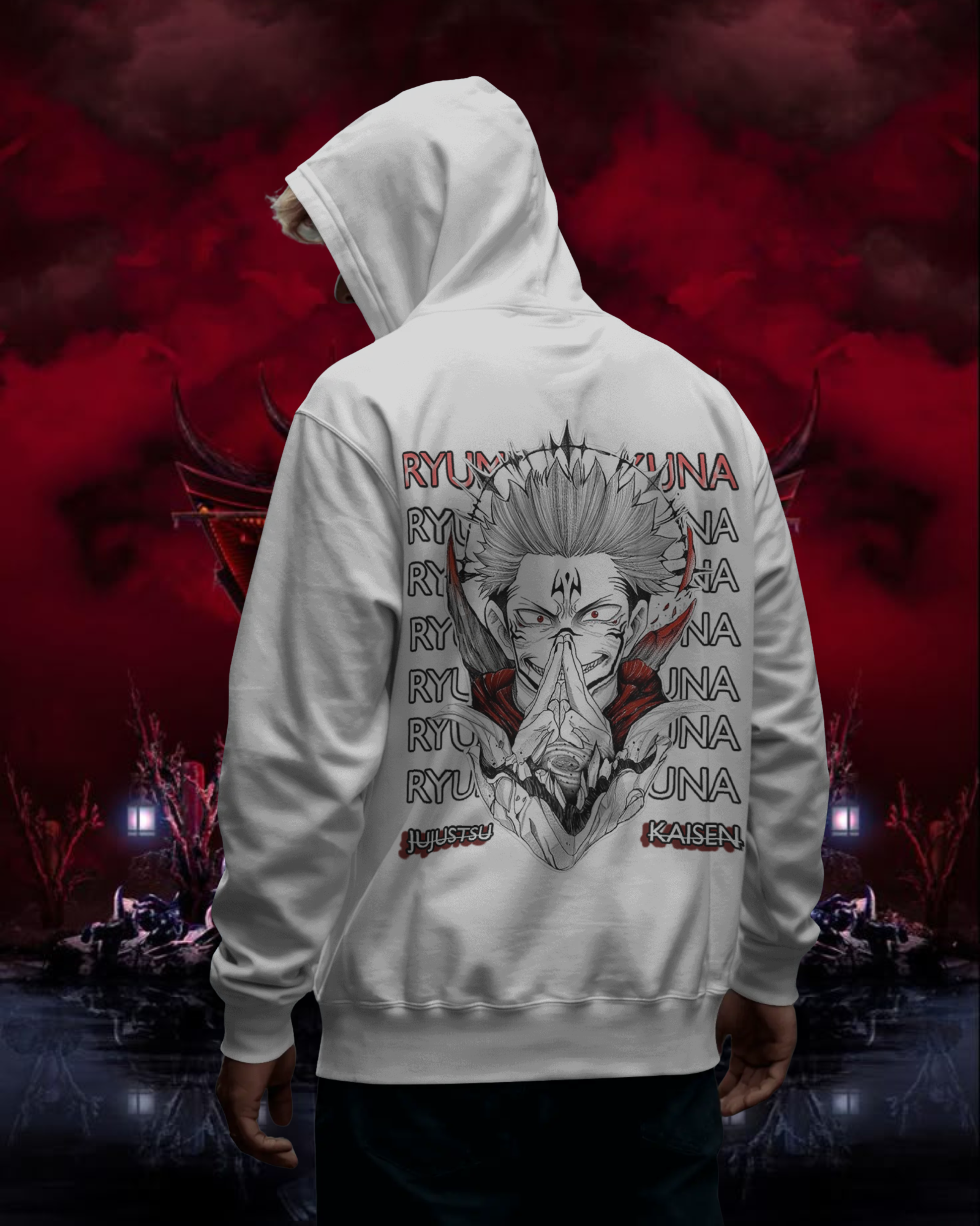 Person wearing a white hoodie with a graphic design on the back against a dark, smoky background
