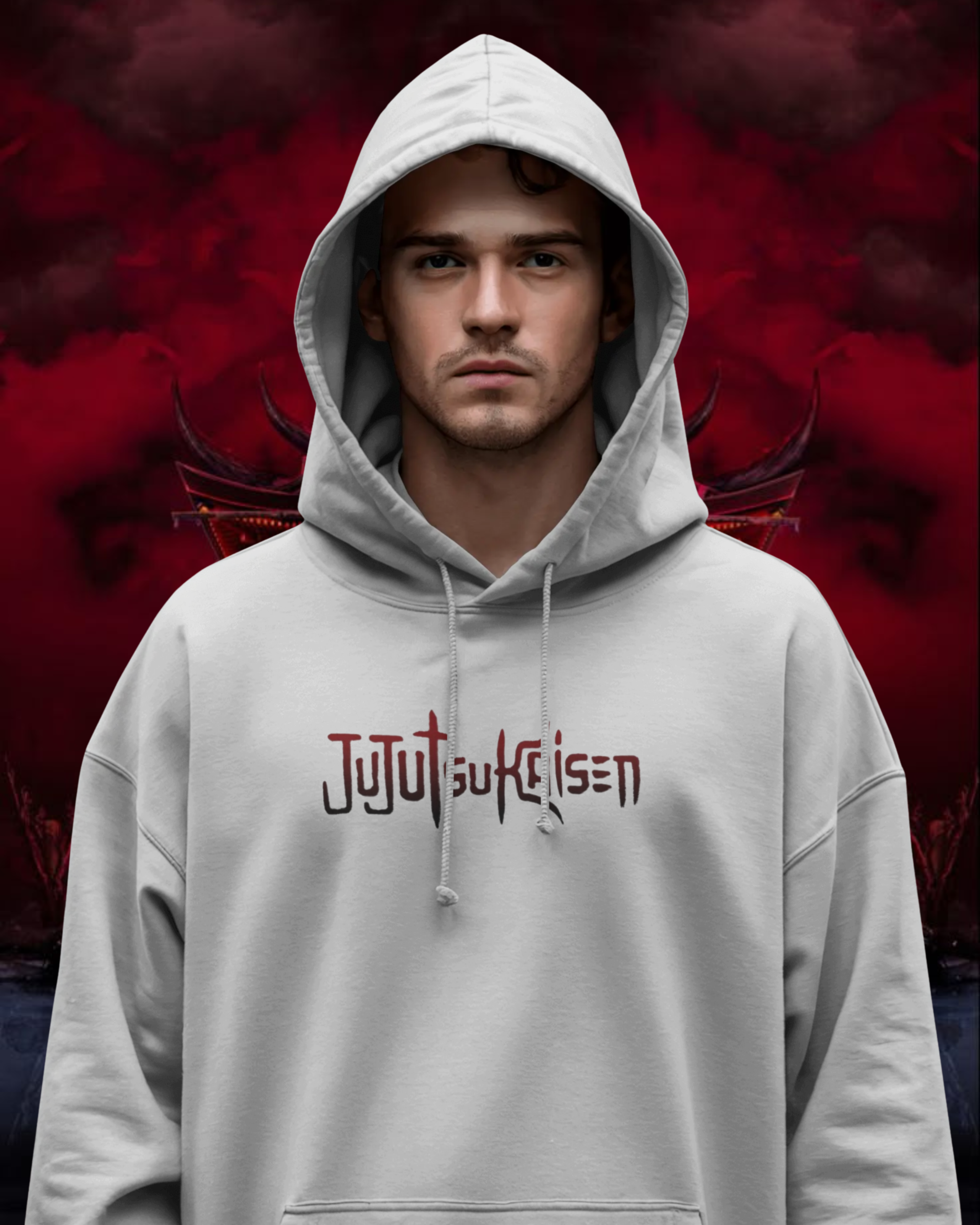 Person wearing a hoodie with 'Jujutsu Kaisen' text against a red and black background