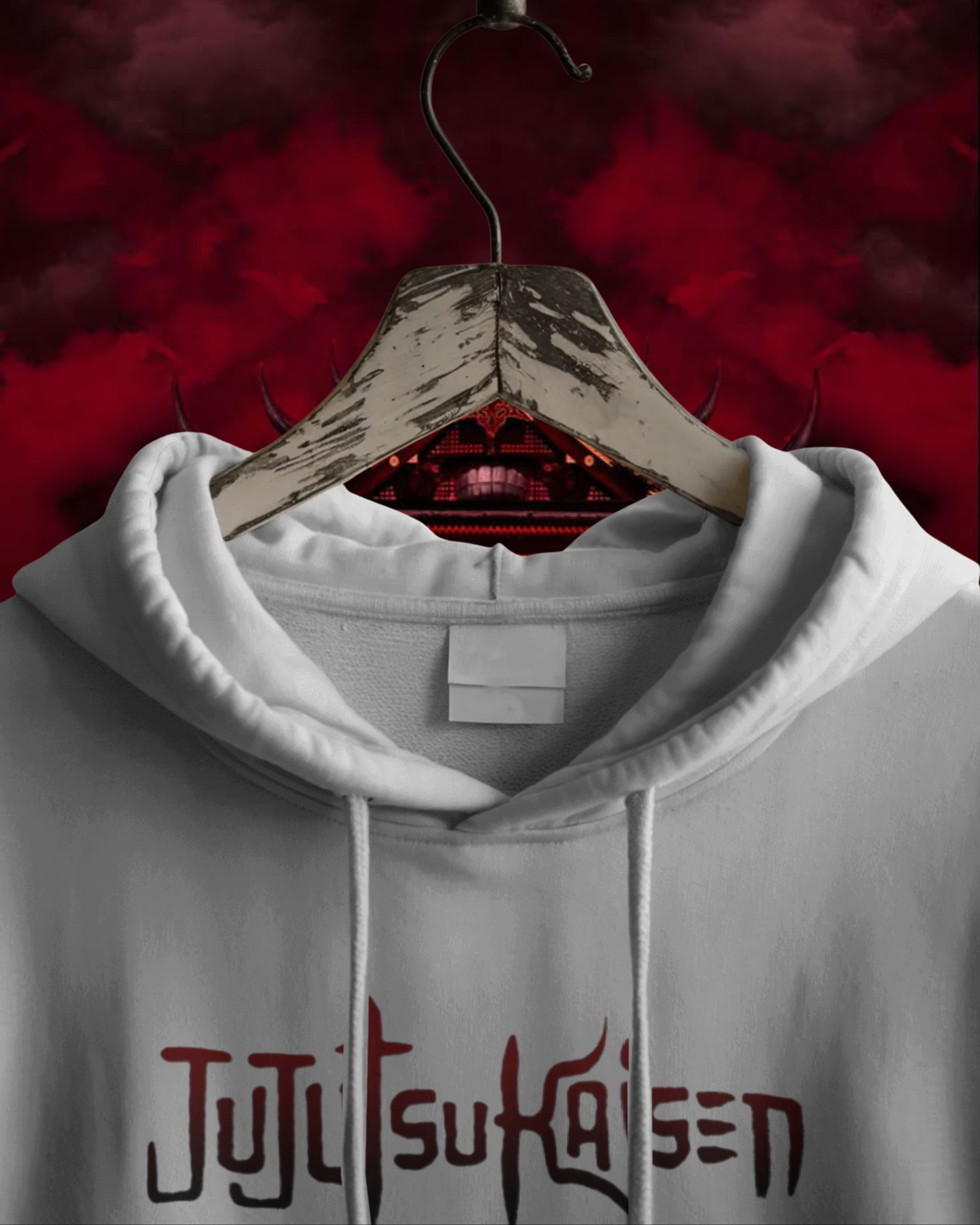 White hoodie with 'Jujutsu Kaisen' text on a red and black background