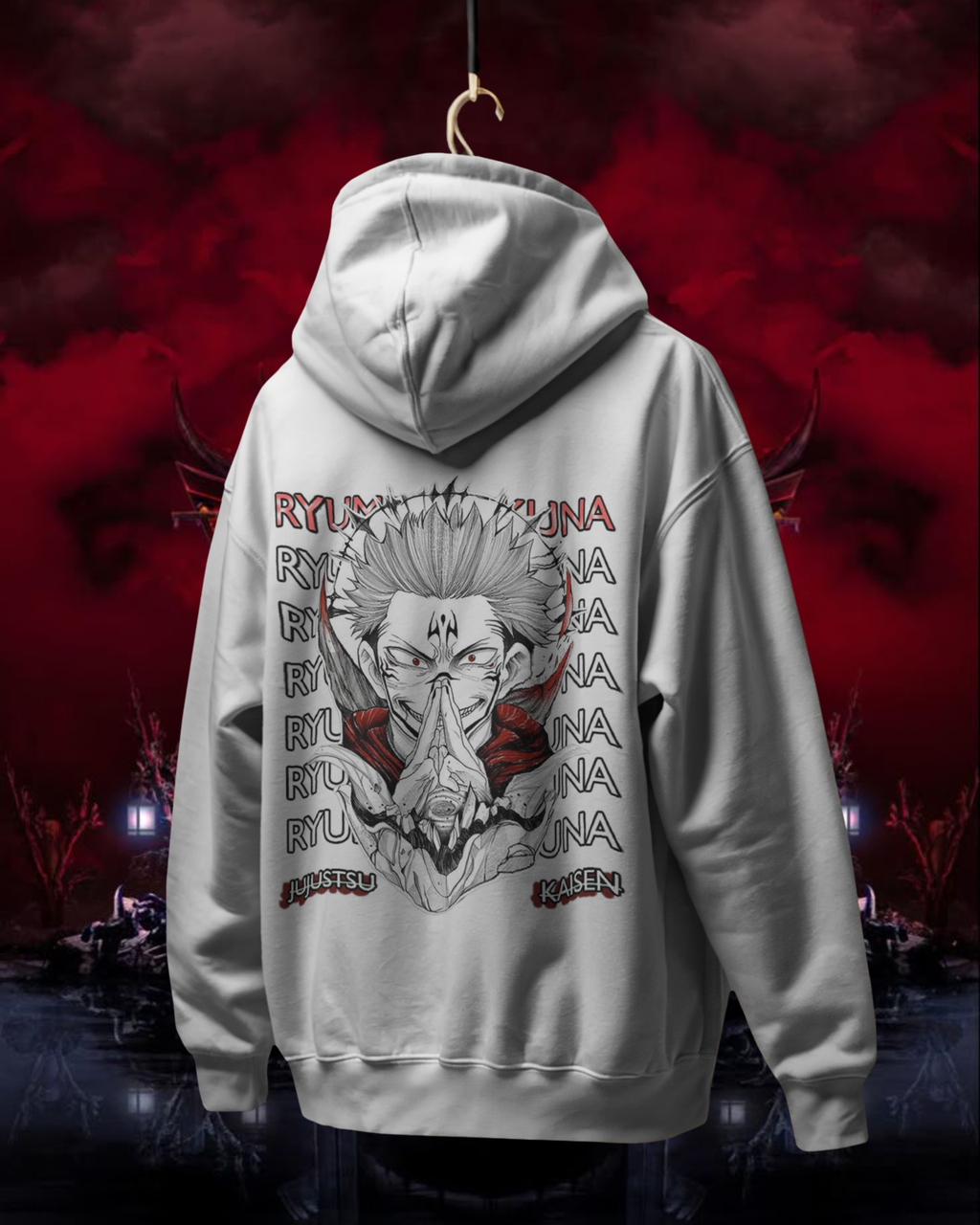 Gray hoodie with a graphic design on the back against a dark, red background