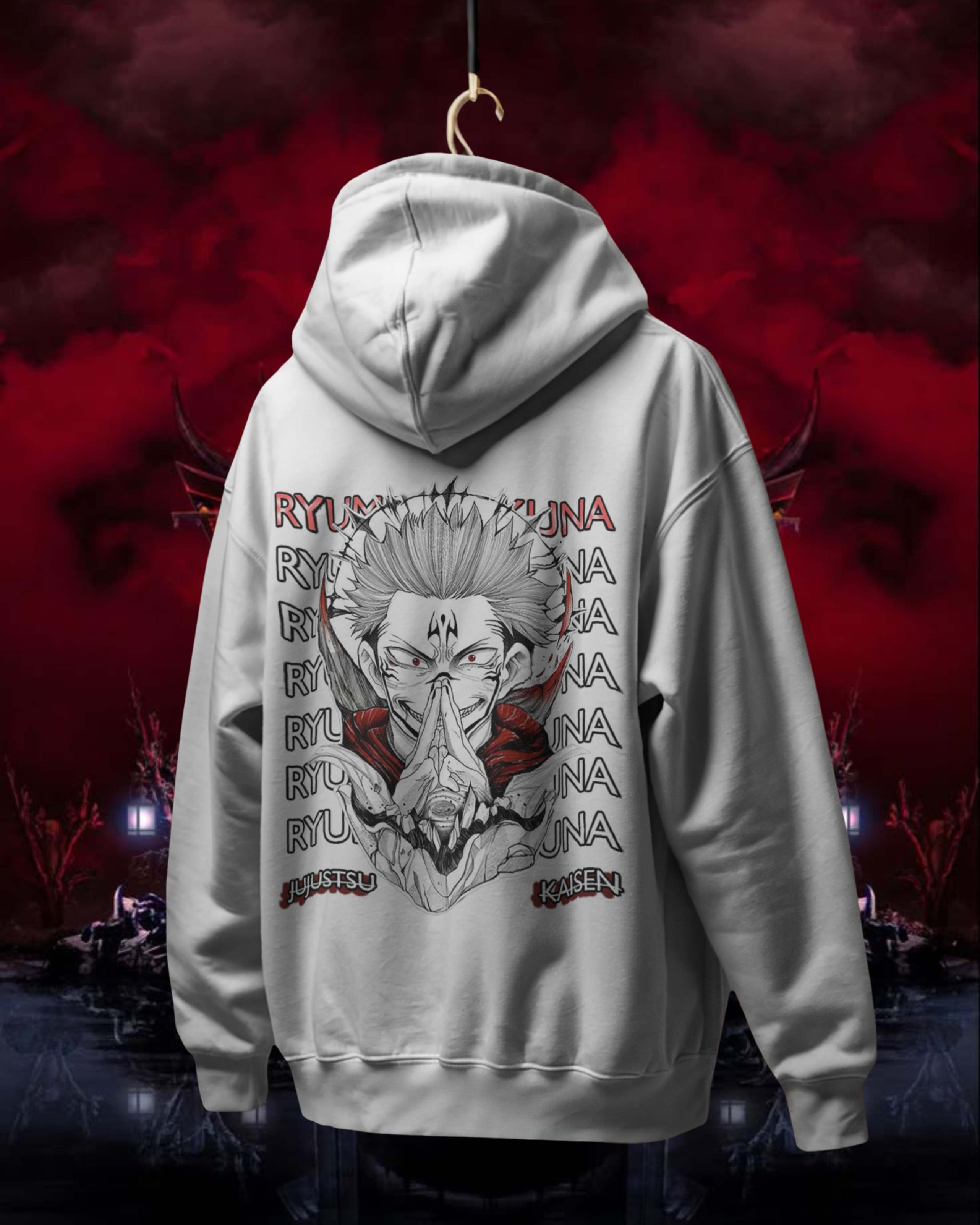 Gray hoodie with a graphic design on the back against a dark, red background