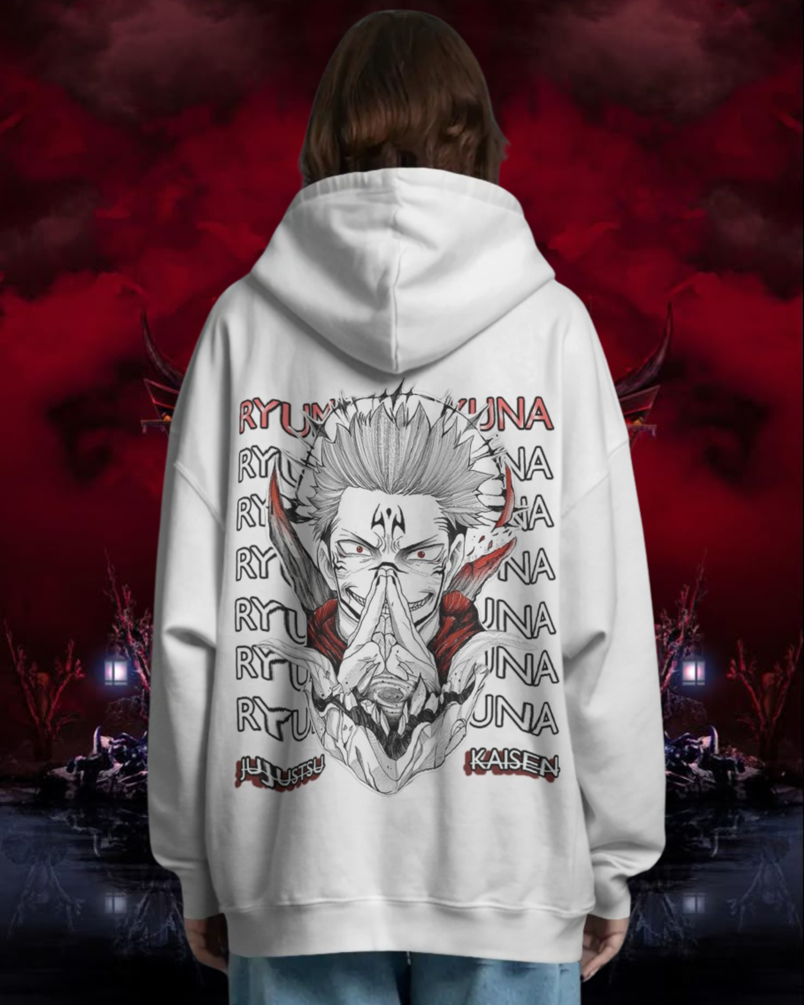 Person wearing a hoodie with a graphic design on the back against a dark, smoky background