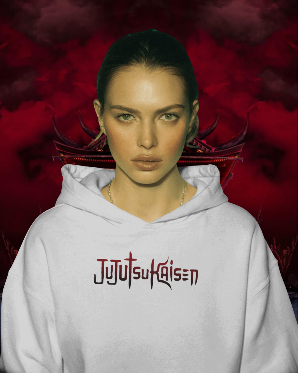 Person wearing a hoodie with 'Jujutsu Kaisen' logo against a red background
