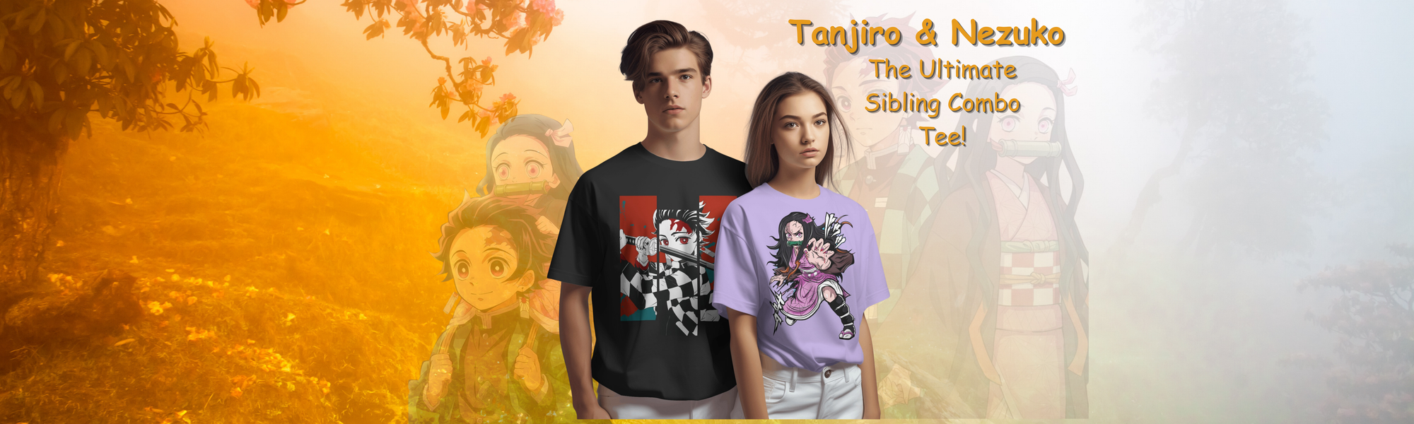 Two people wearing t-shirts with anime character designs standing outdoors with a warm filter