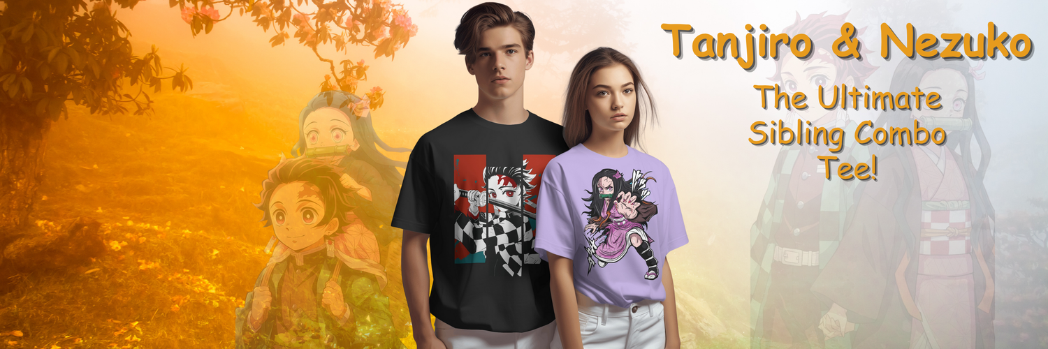Tanjiro and Nezuko oversized T-shirt featuring Demon Slayer anime siblings in dynamic pose, stylish unisex graphic tee for anime fans.