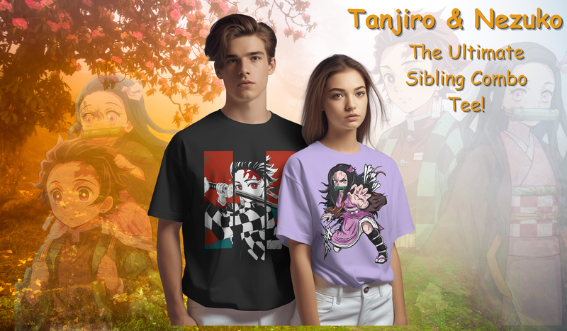 Tanjiro and Nezuko oversized T-shirt featuring Demon Slayer anime siblings in dynamic pose, stylish unisex graphic tee for anime fans.