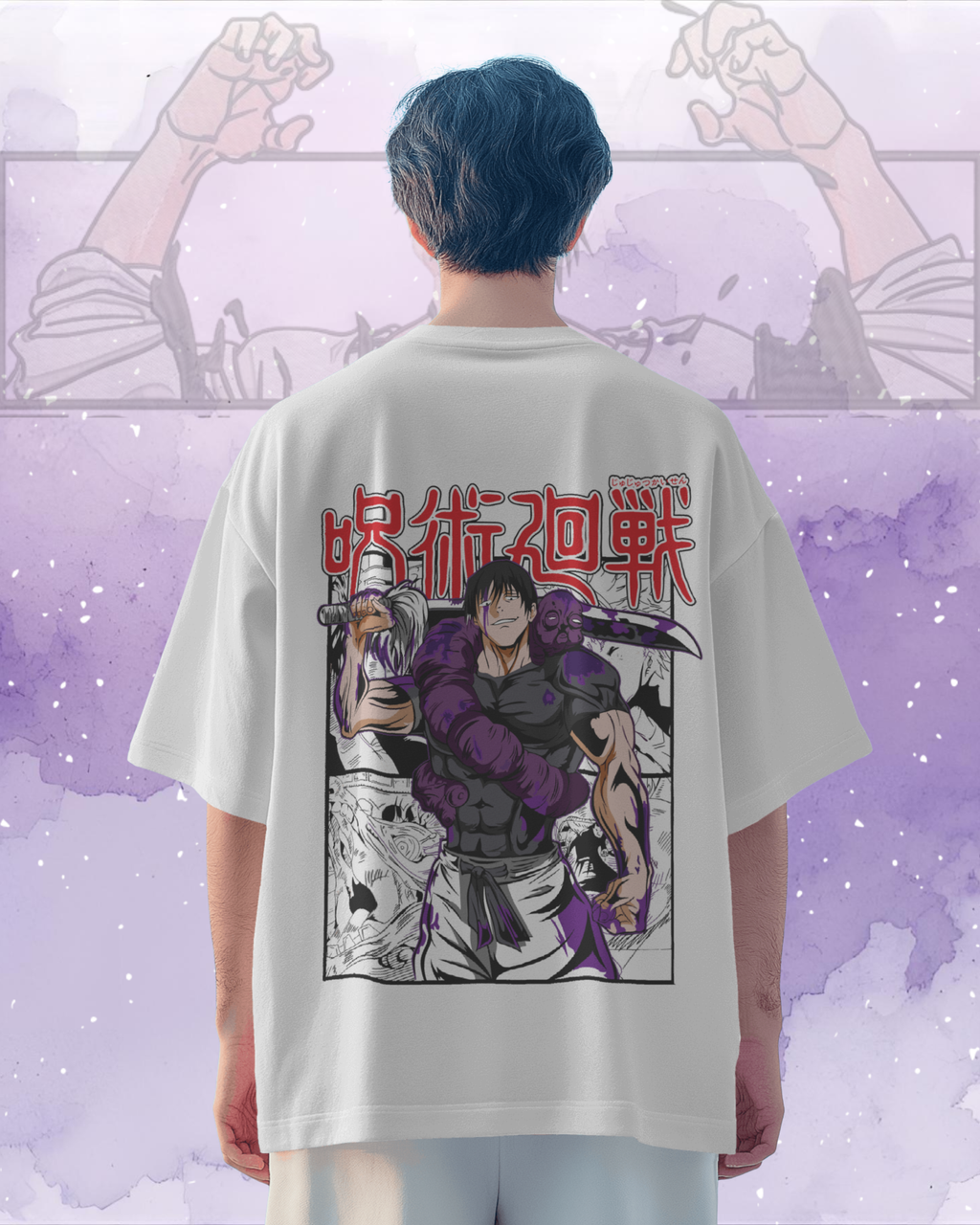 Person wearing a white t-shirt with anime-style graphic on the back against a light purple background