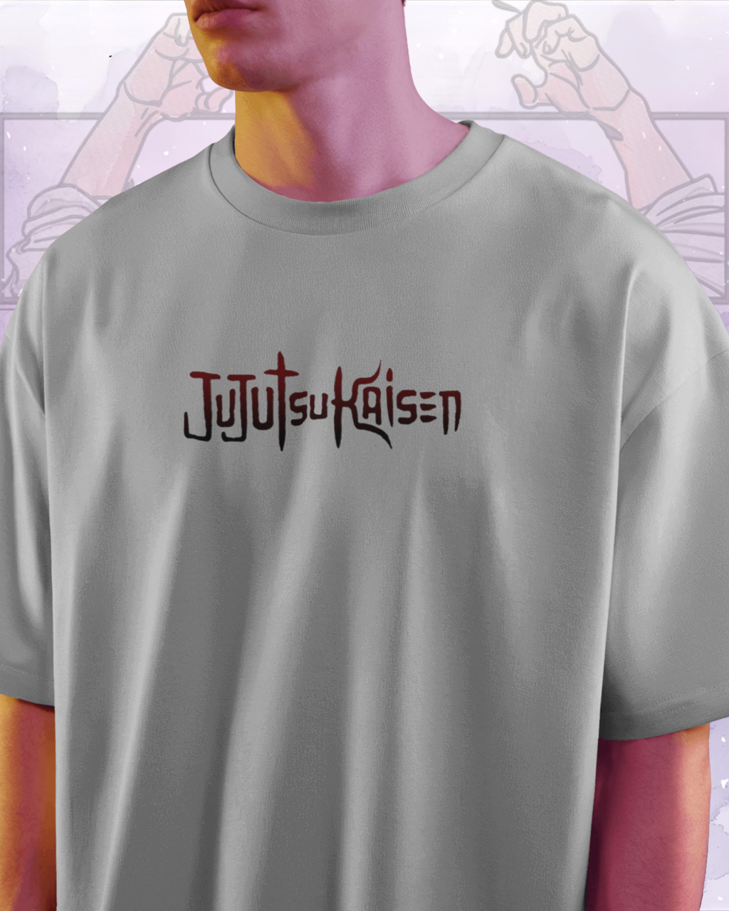 Gray t-shirt with 'Jujutsu Kaisen' logo worn by a person, with an illustrated background
