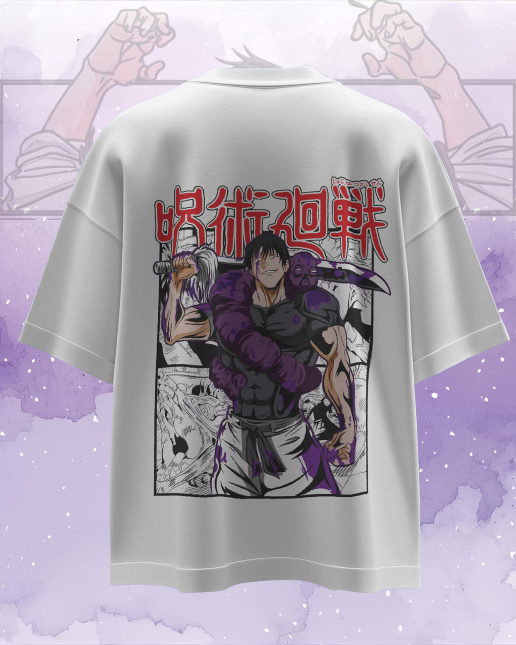 T-shirt with anime-style graphic and text on a light gray background