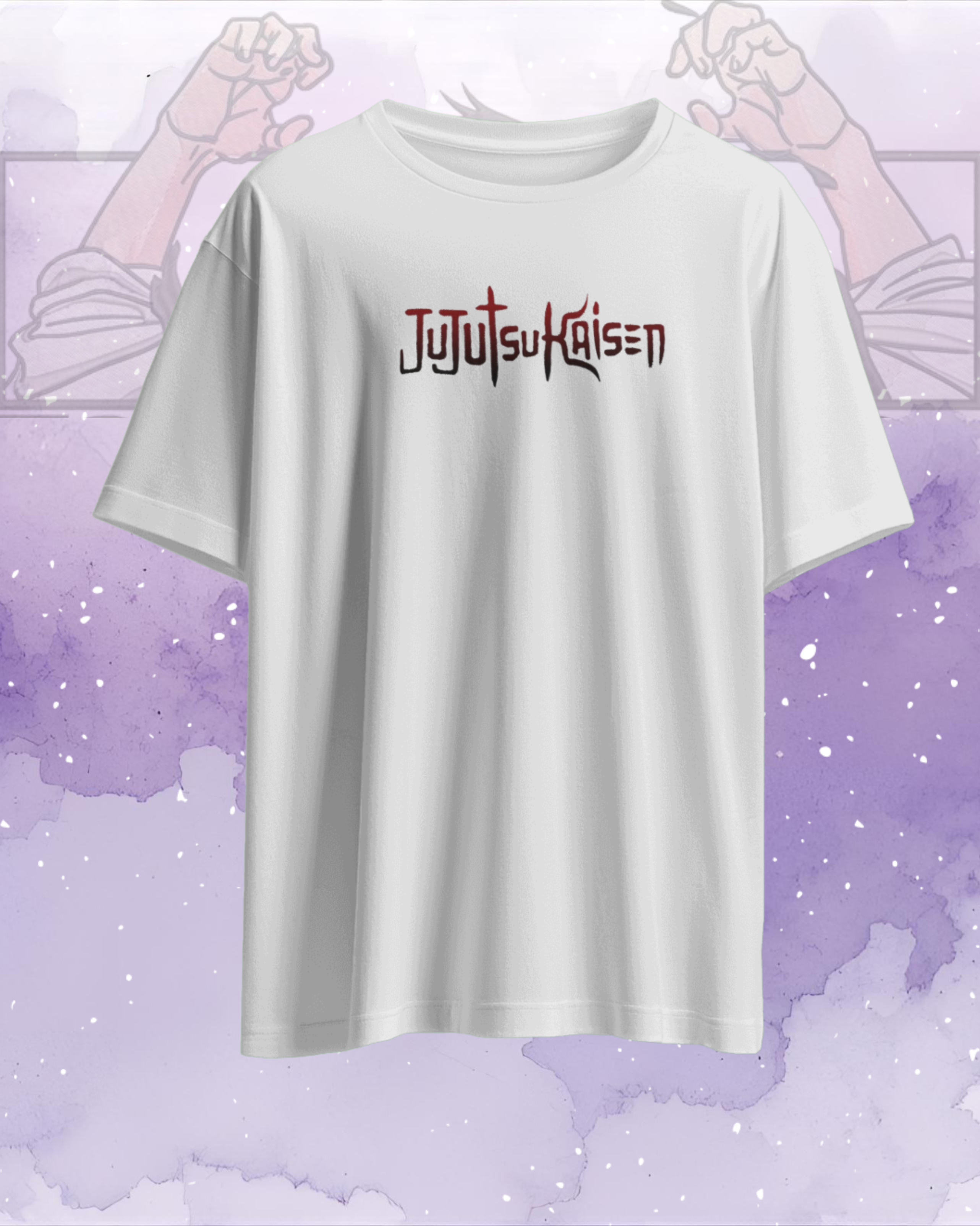 White t-shirt with 'Jujutsu Kaisen' logo on a purple and white background