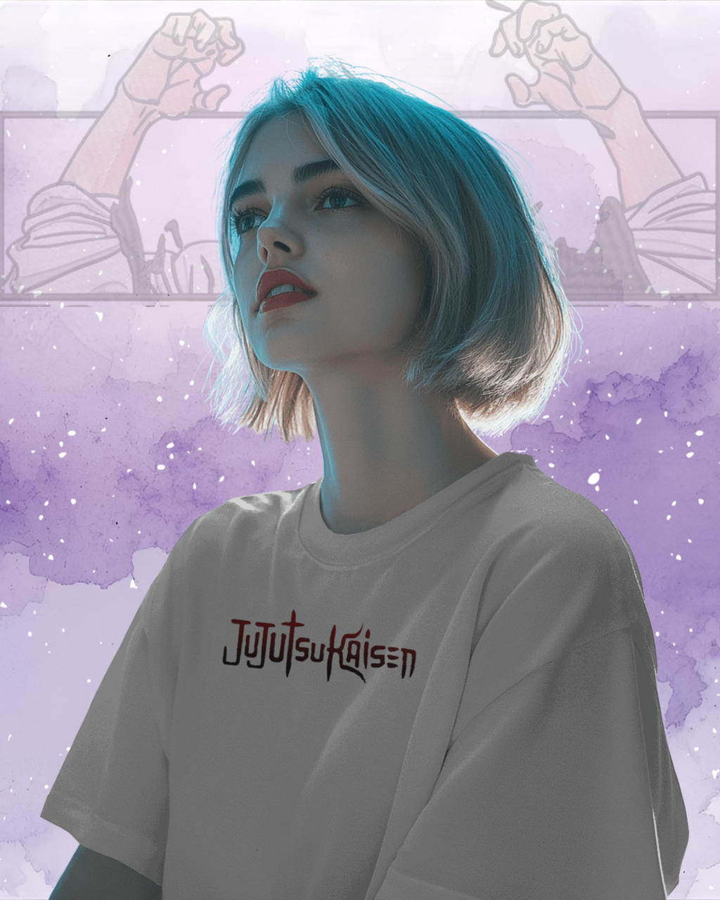 Person wearing a 'Jujutsu Kaisen' t-shirt with a stylized background