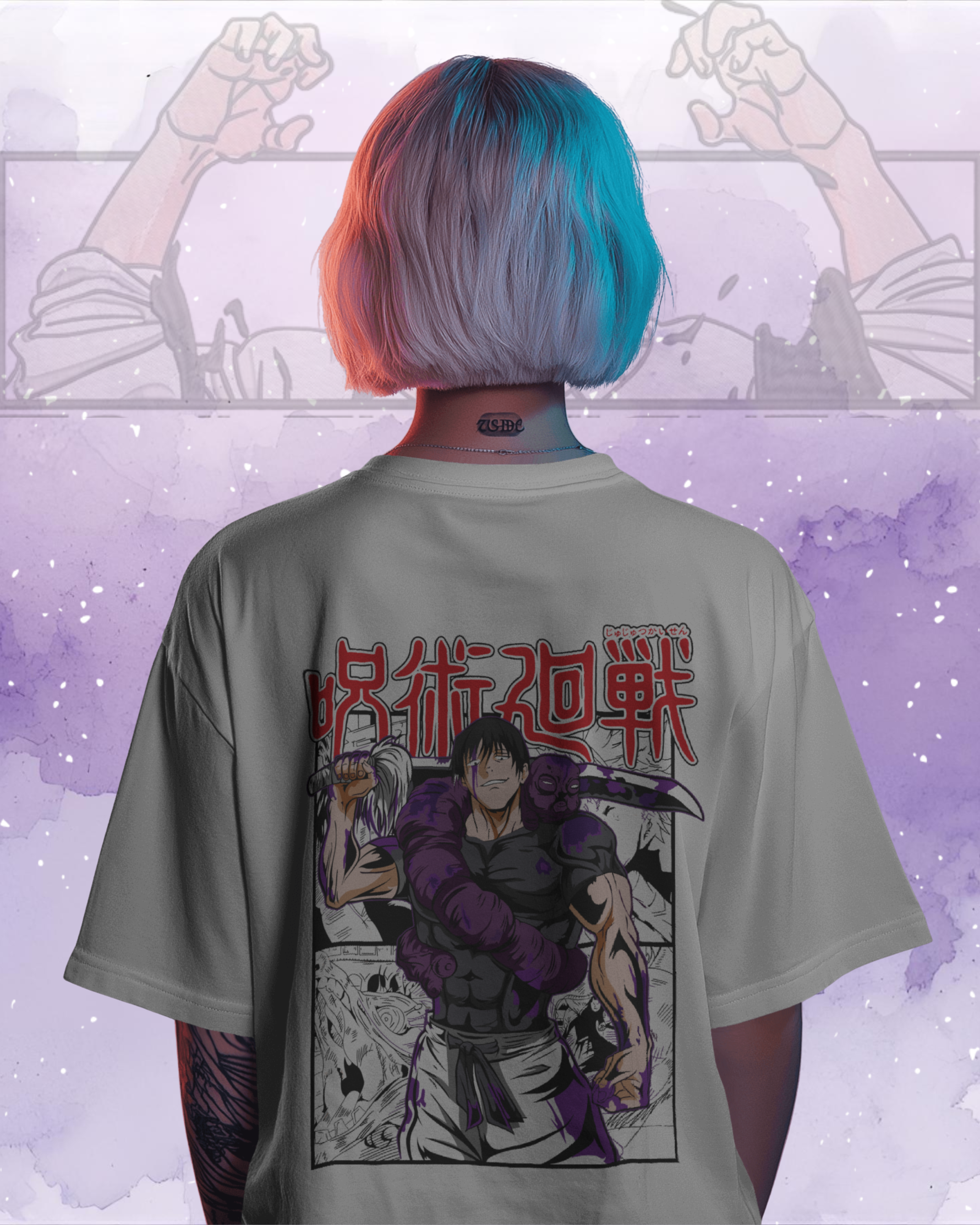Person wearing a t-shirt with an anime-style graphic and text, standing against a light purple background with abstract designs