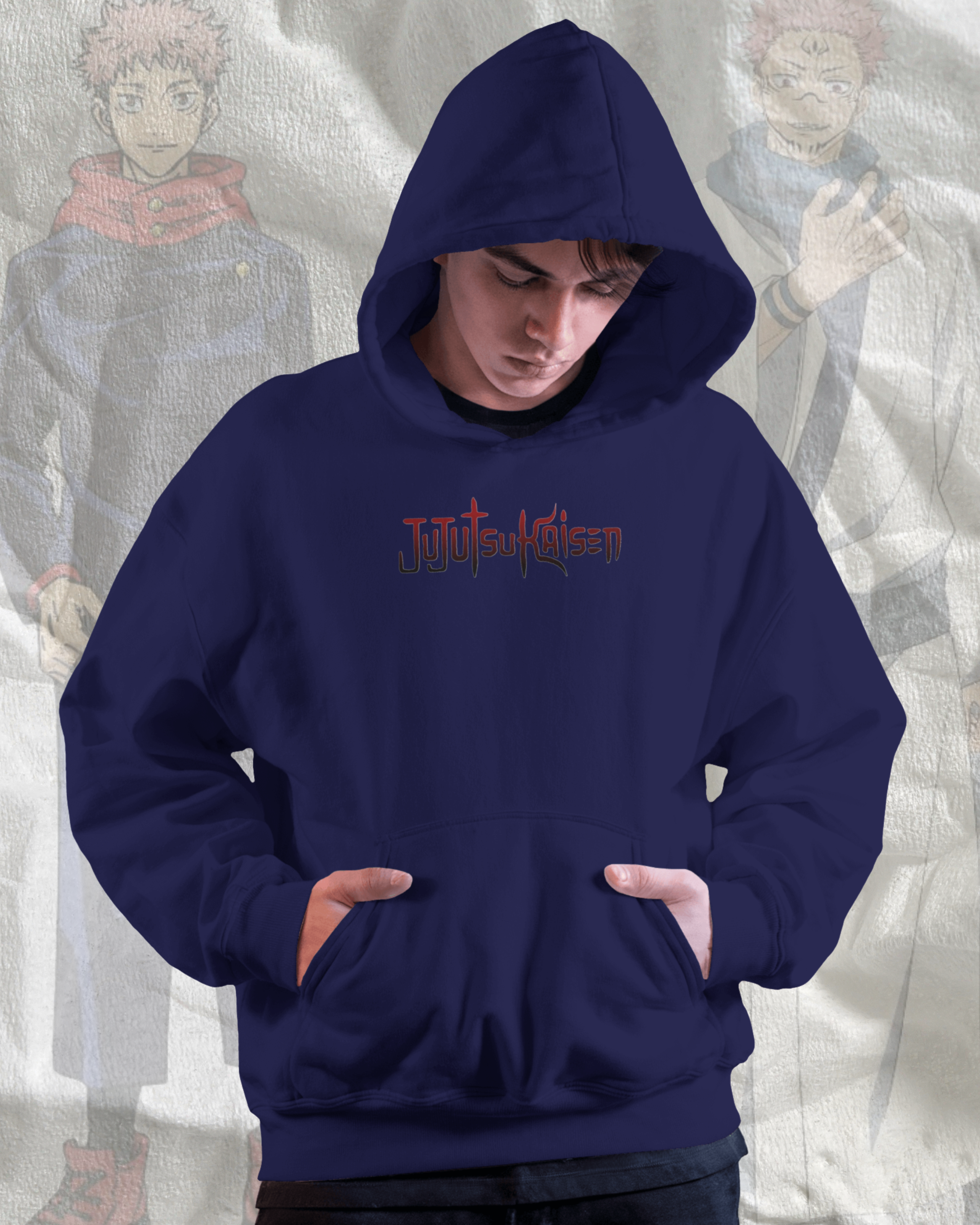Person wearing a navy blue hoodie with a logo on a textured background