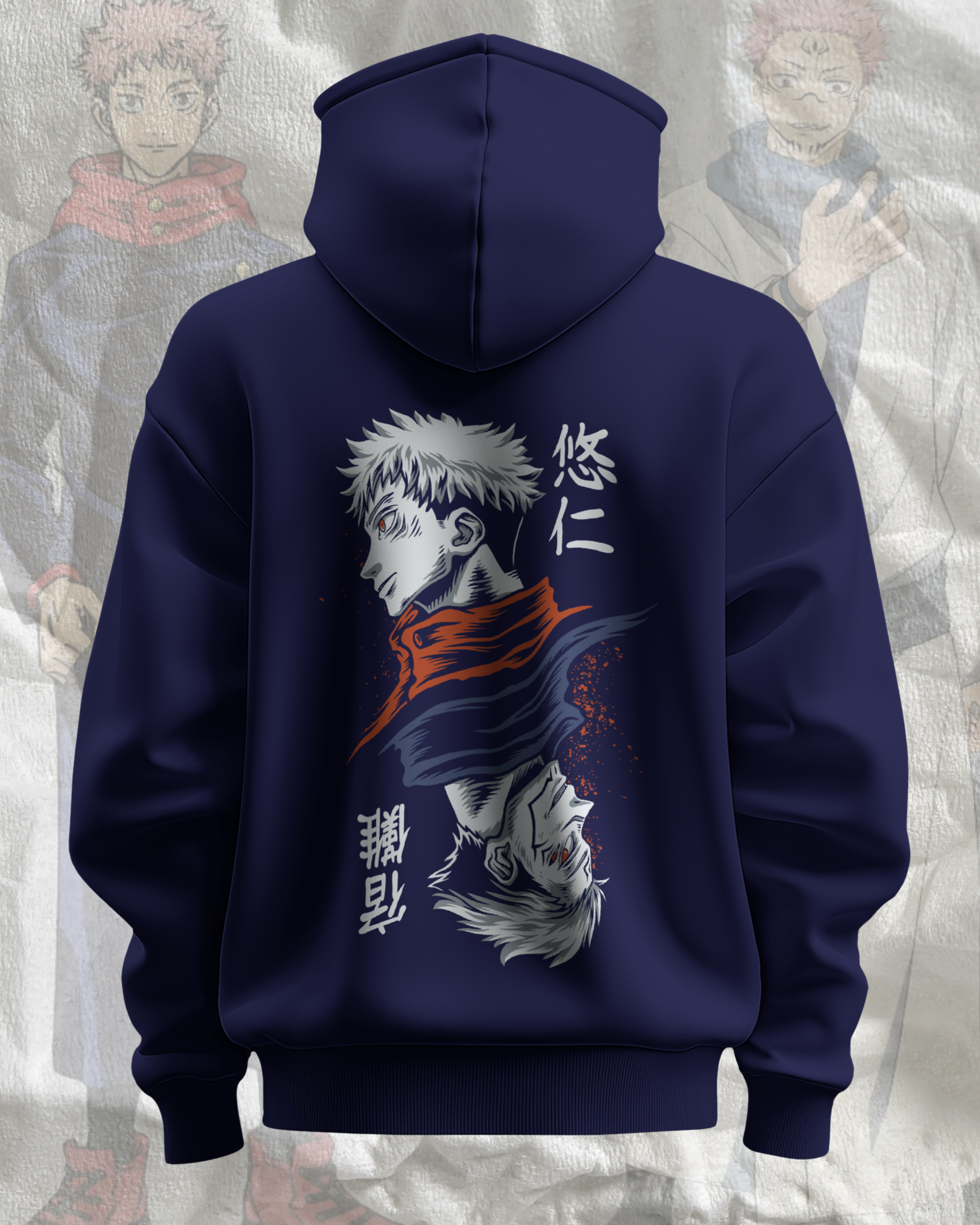 Navy blue hoodie with anime character design on the back against a textured gray background