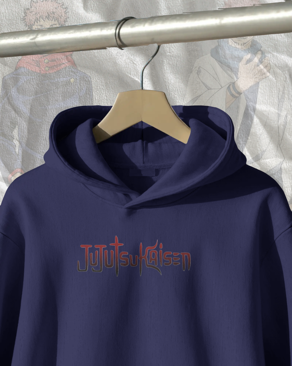 Navy blue hoodie with 'Jujutsu Kaisen' text on a hanger against a patterned background