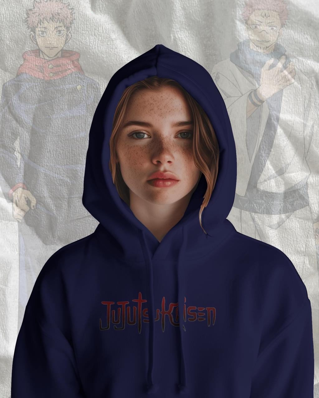 Person wearing a navy blue hoodie with 'Jujutsu Kaisen' logo, with anime characters in the background