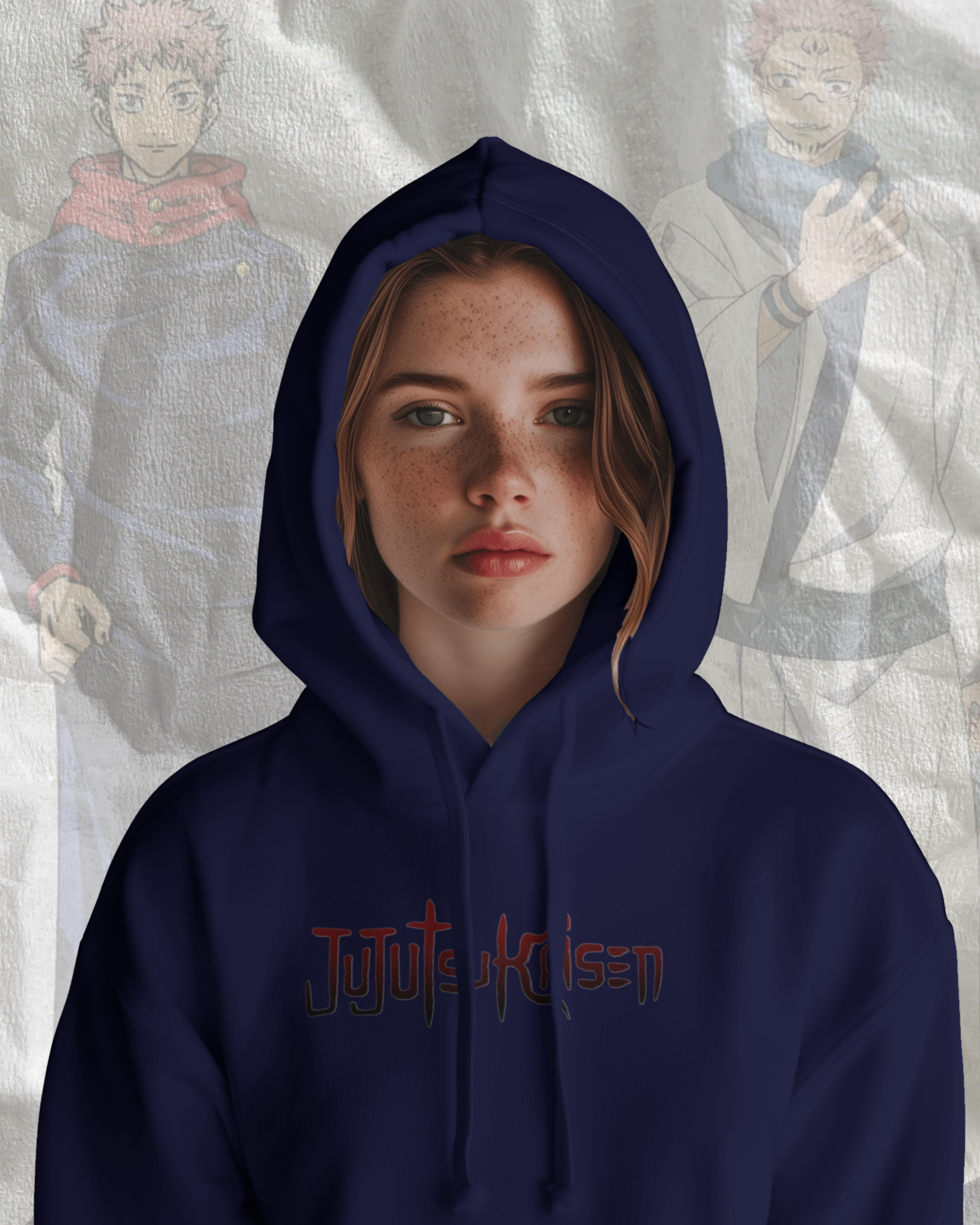 Person wearing a navy blue hoodie with 'Jujutsu Kaisen' logo, with anime characters in the background