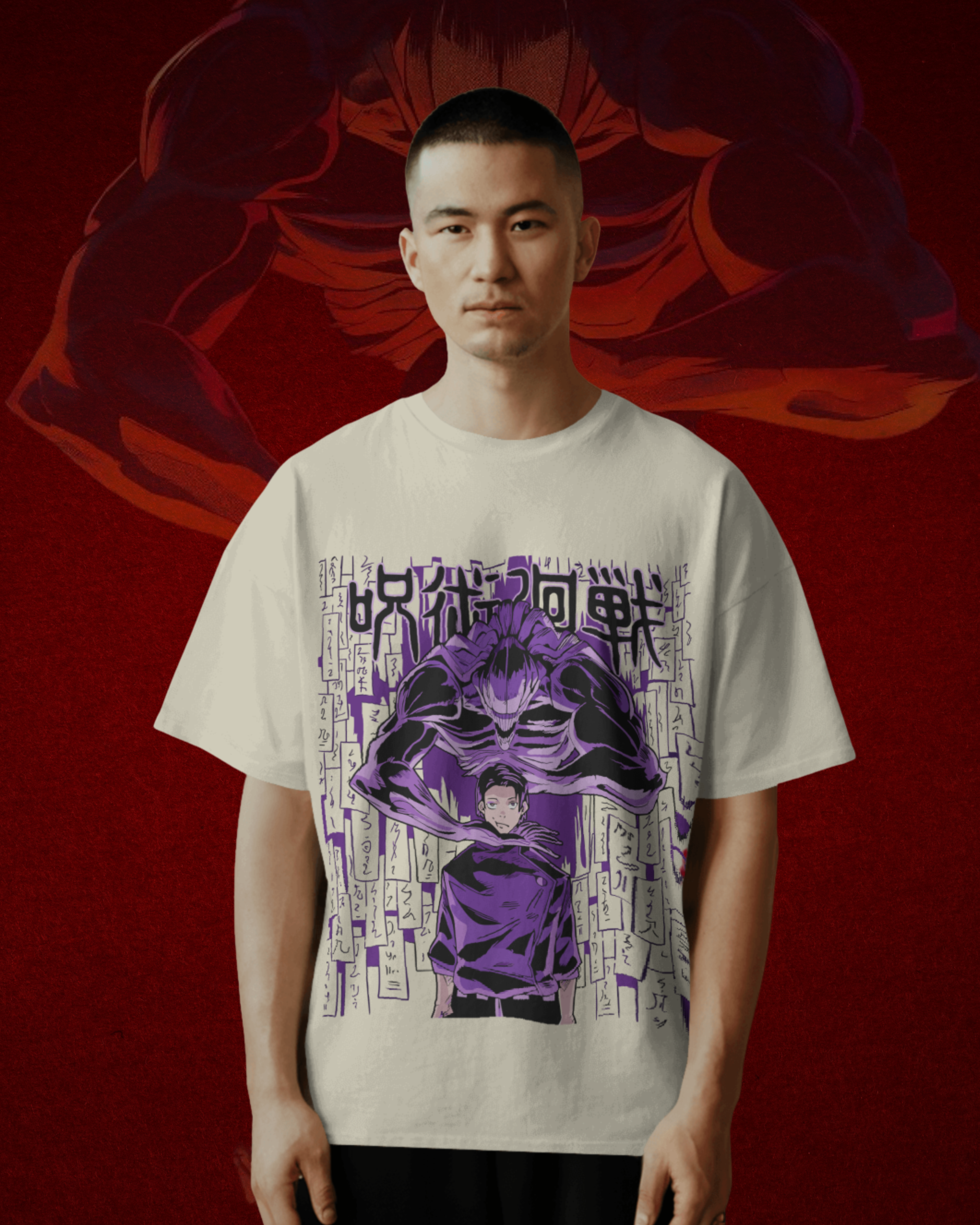 Person wearing a t-shirt with a graphic design on a red background