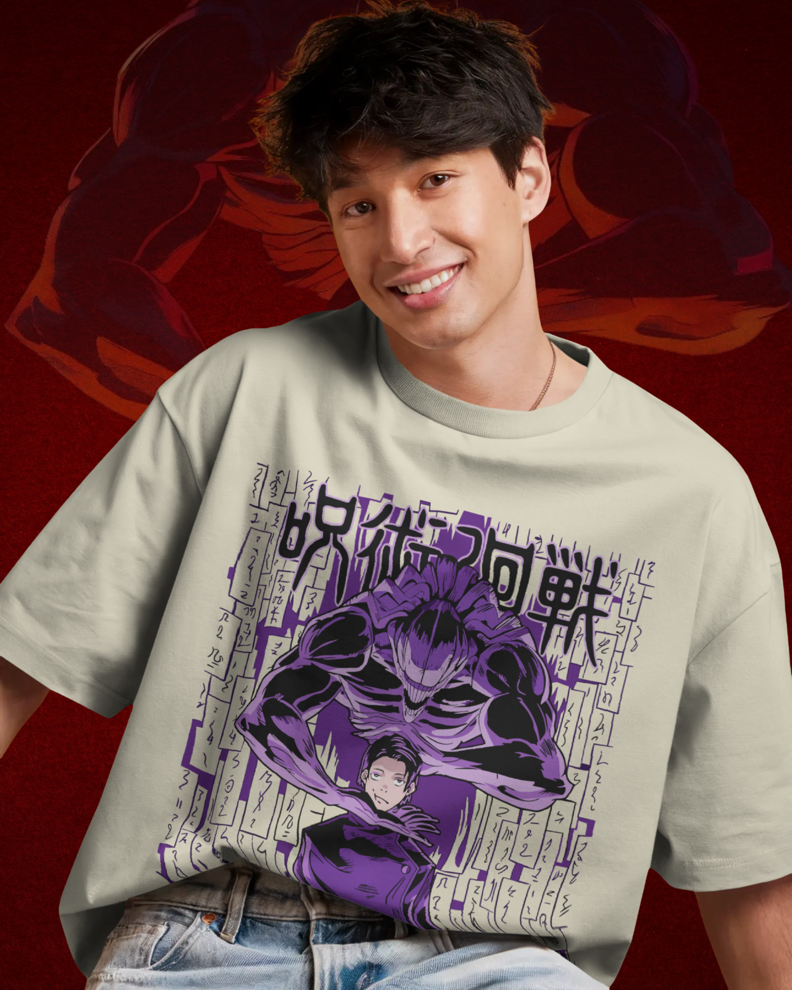 Person wearing a t-shirt with a graphic design on a red background