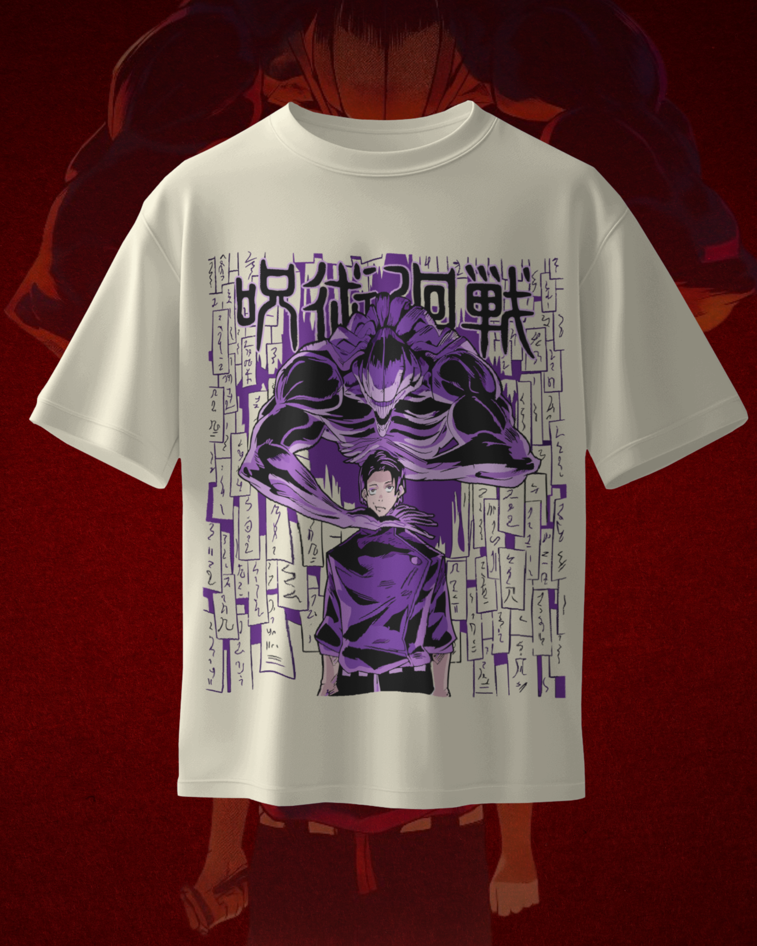 White t-shirt with a purple graphic design on a red background