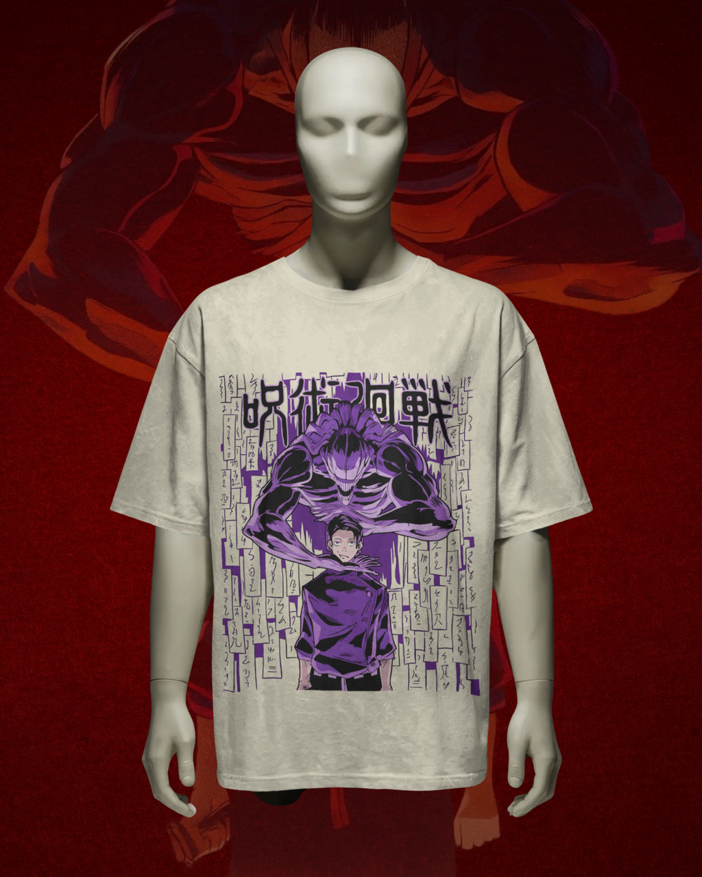 T-shirt with graphic design on a mannequin against a red background