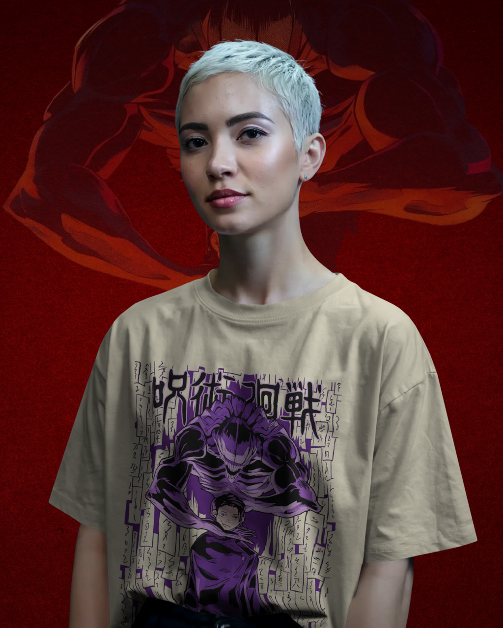 Person wearing a beige t-shirt with a purple graphic design on a red background