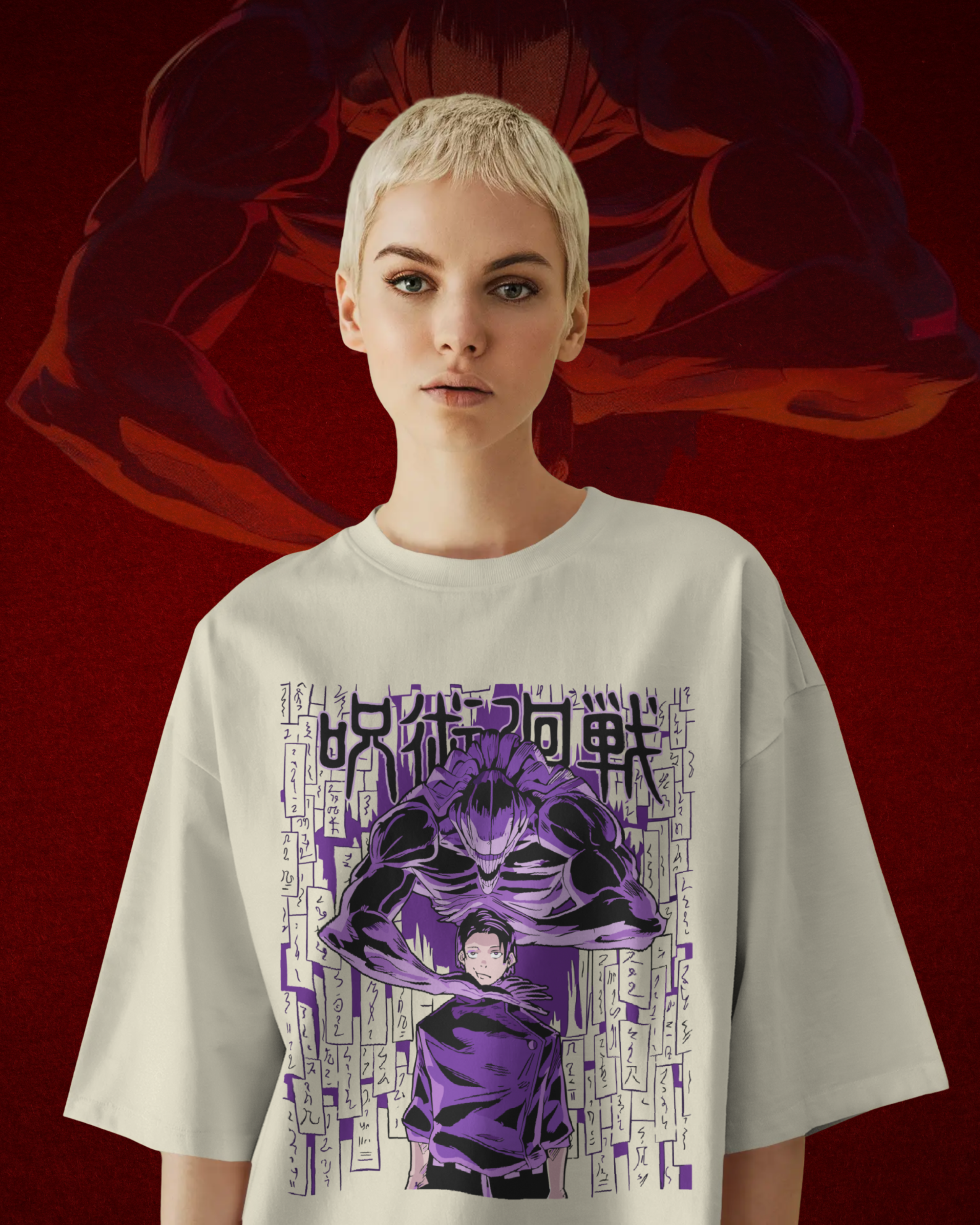 Person wearing a t-shirt with a graphic design on a red background