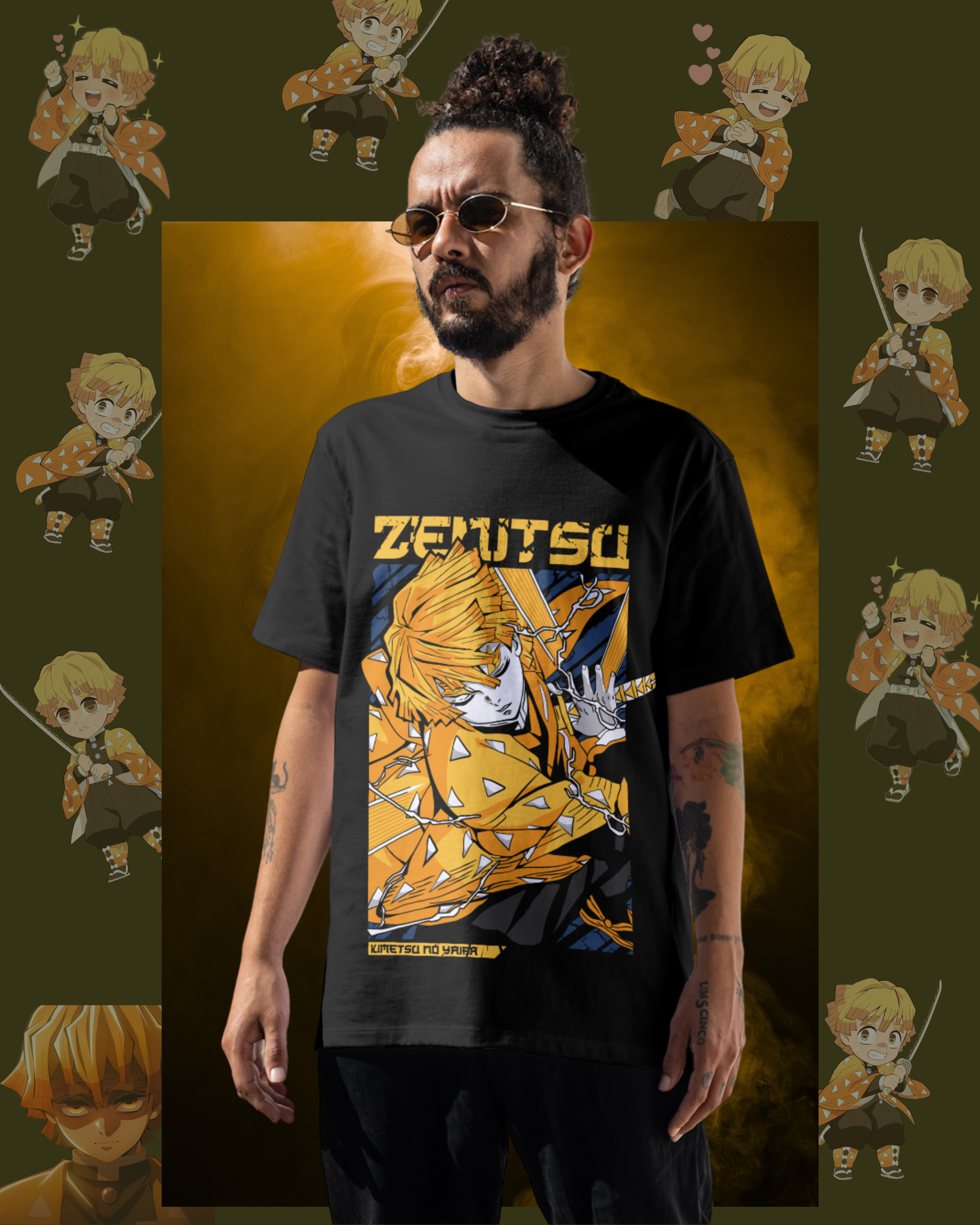 Oversized t-shirt with Zenitsu Agatsuma from Demon Slayer in thunder breathing pose, anime streetwear style for men