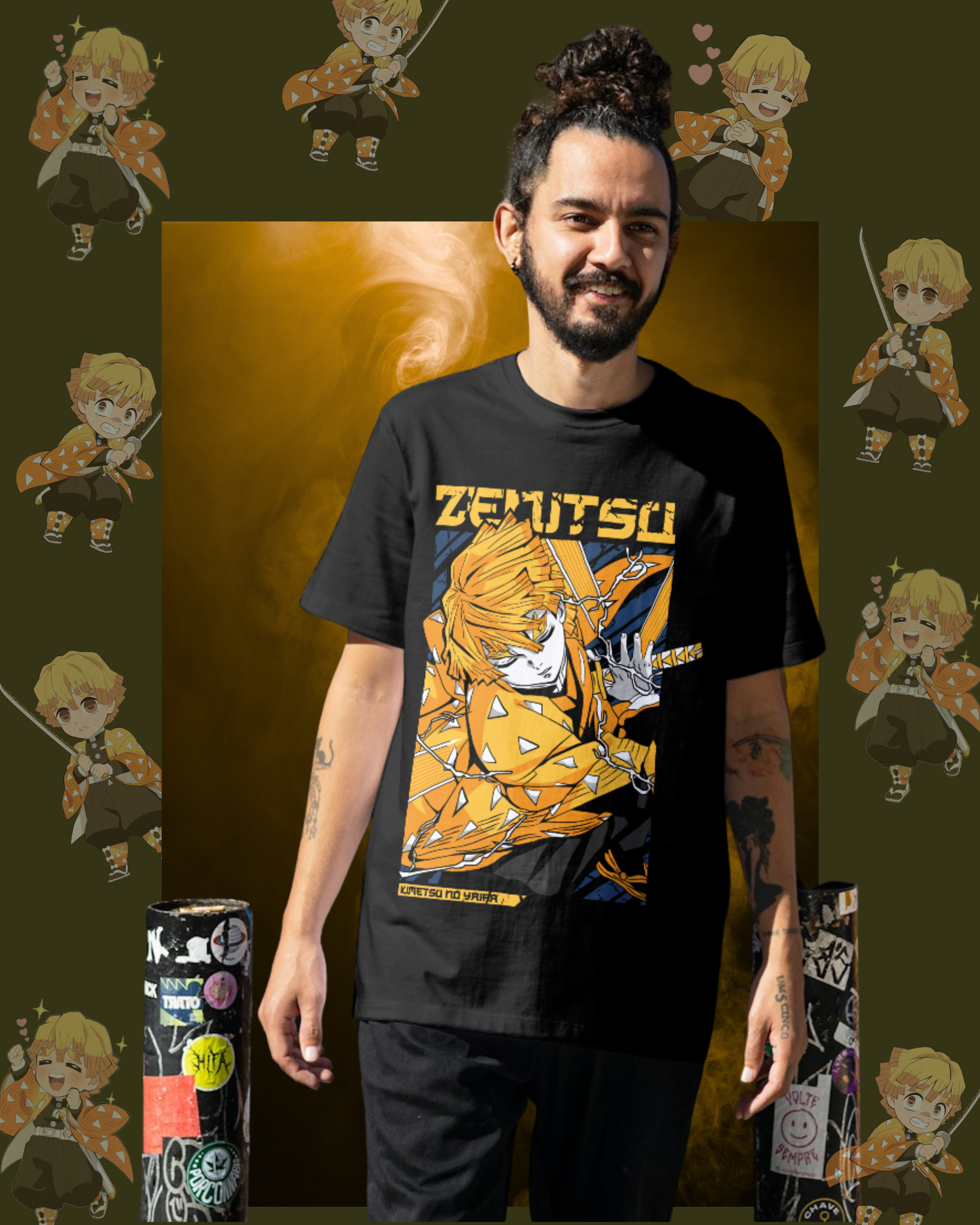 Oversized t-shirt with Zenitsu Agatsuma from Demon Slayer in thunder breathing pose, anime streetwear style for men