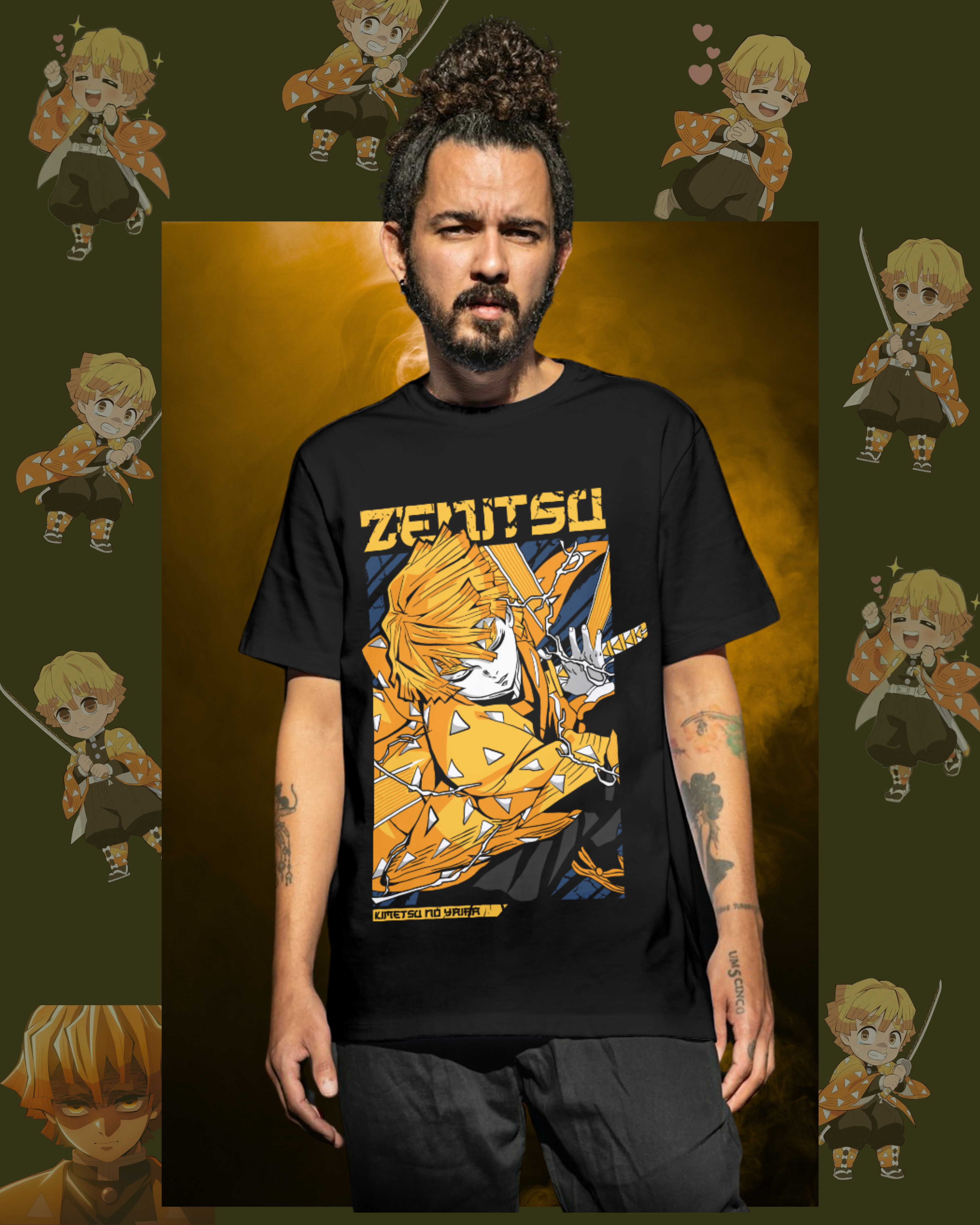 Oversized t-shirt with Zenitsu Agatsuma from Demon Slayer in thunder breathing pose, anime streetwear style for men