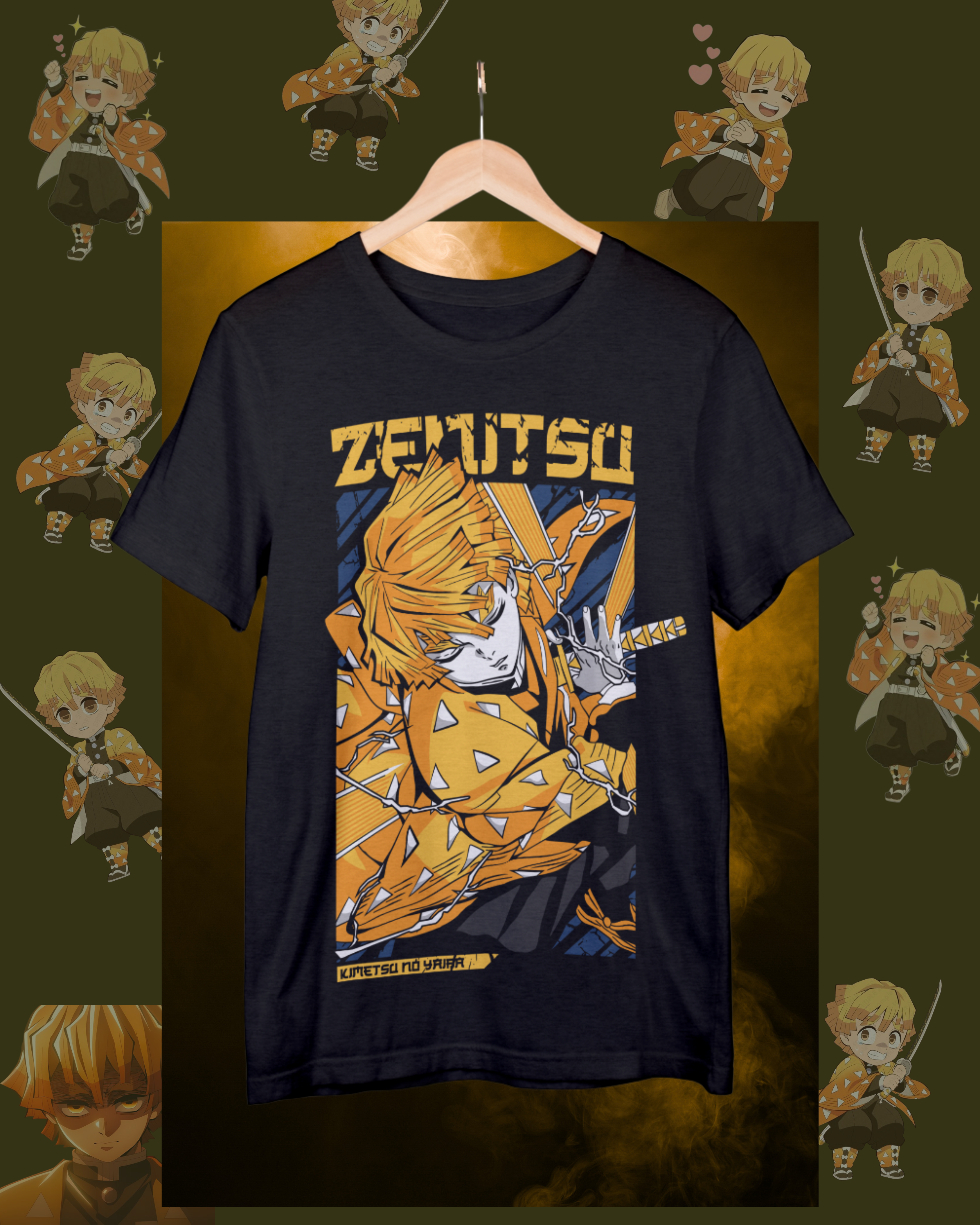 Oversized t-shirt with Zenitsu Agatsuma from Demon Slayer in thunder breathing pose, anime streetwear style.