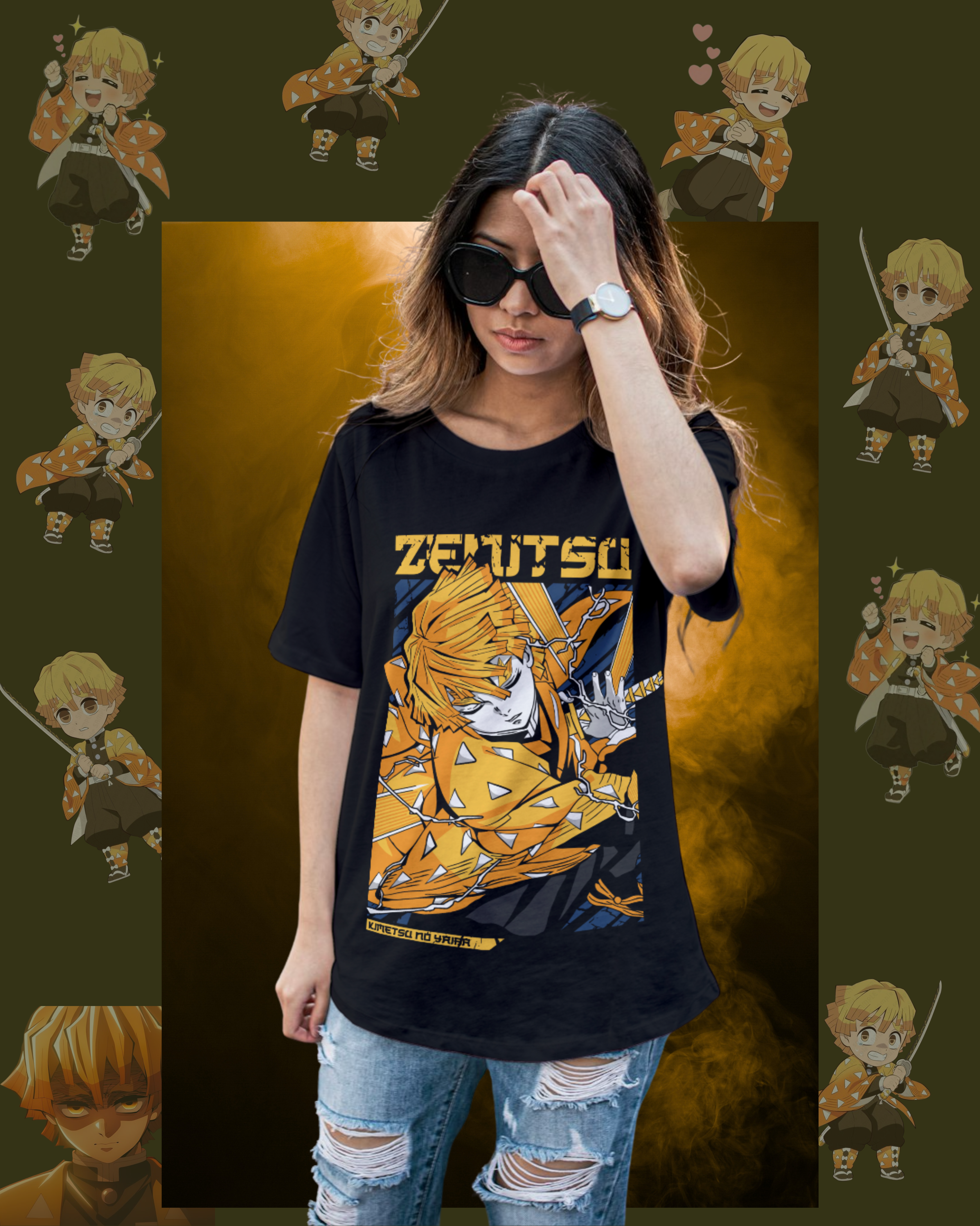 Oversized t-shirt with Zenitsu Agatsuma from Demon Slayer in thunder breathing pose, anime streetwear style for women