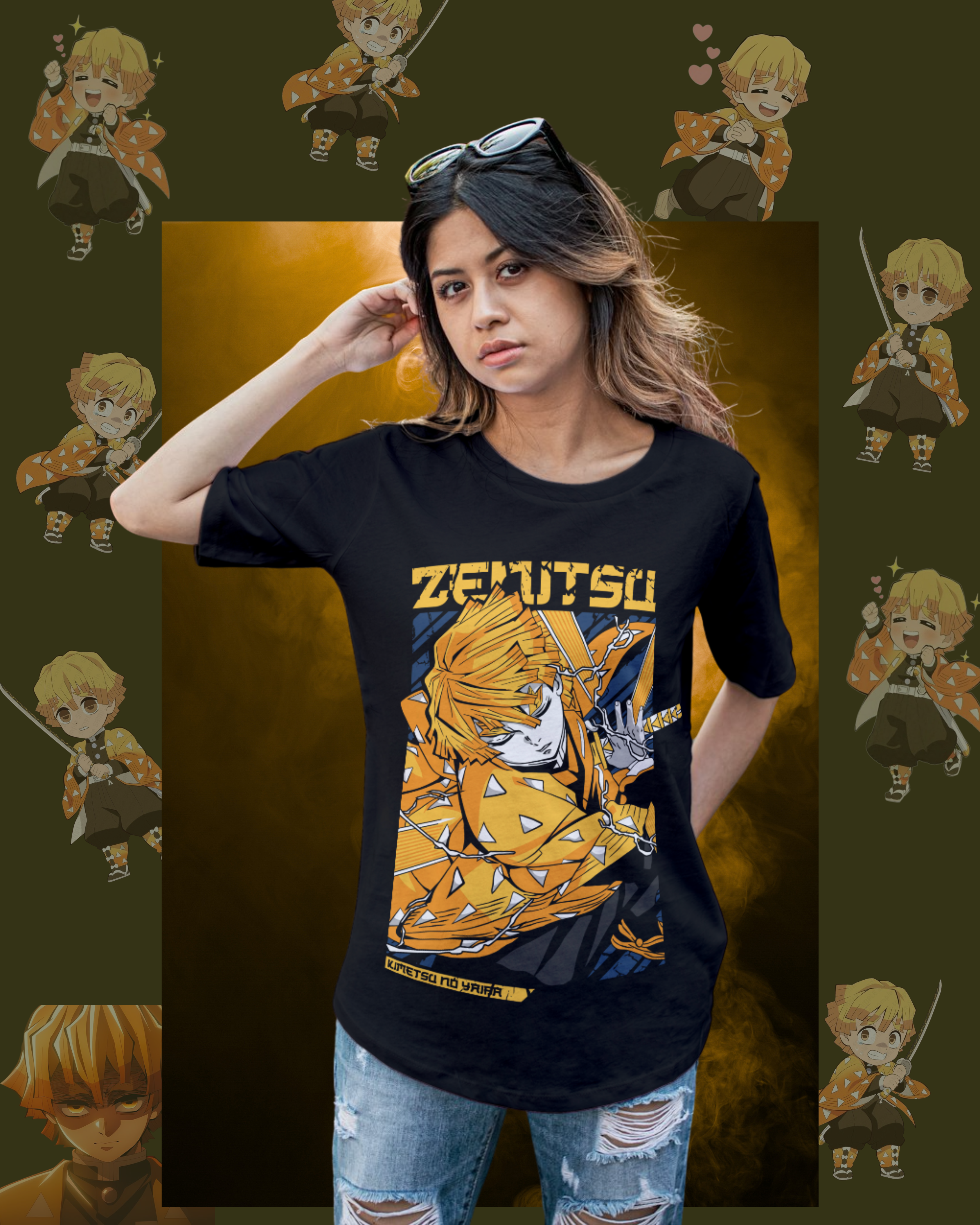 Oversized t-shirt with Zenitsu Agatsuma from Demon Slayer in thunder breathing pose, anime streetwear style for women