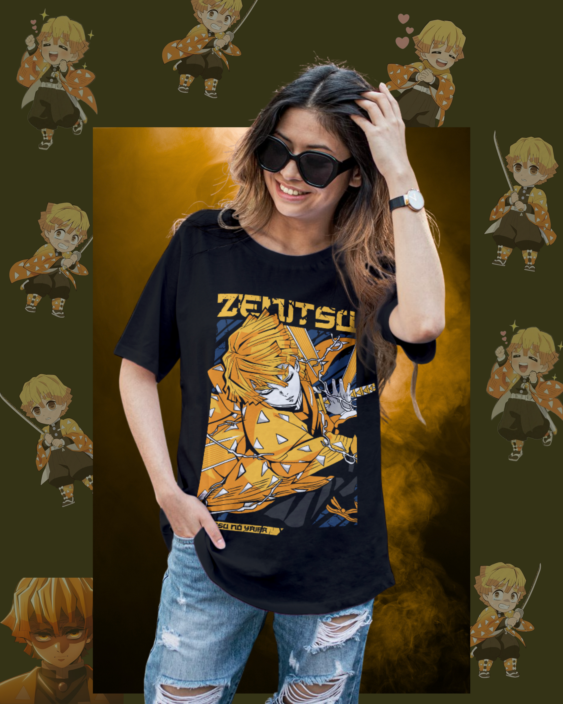 Oversized t-shirt with Zenitsu Agatsuma from Demon Slayer in thunder breathing pose, anime streetwear style for women