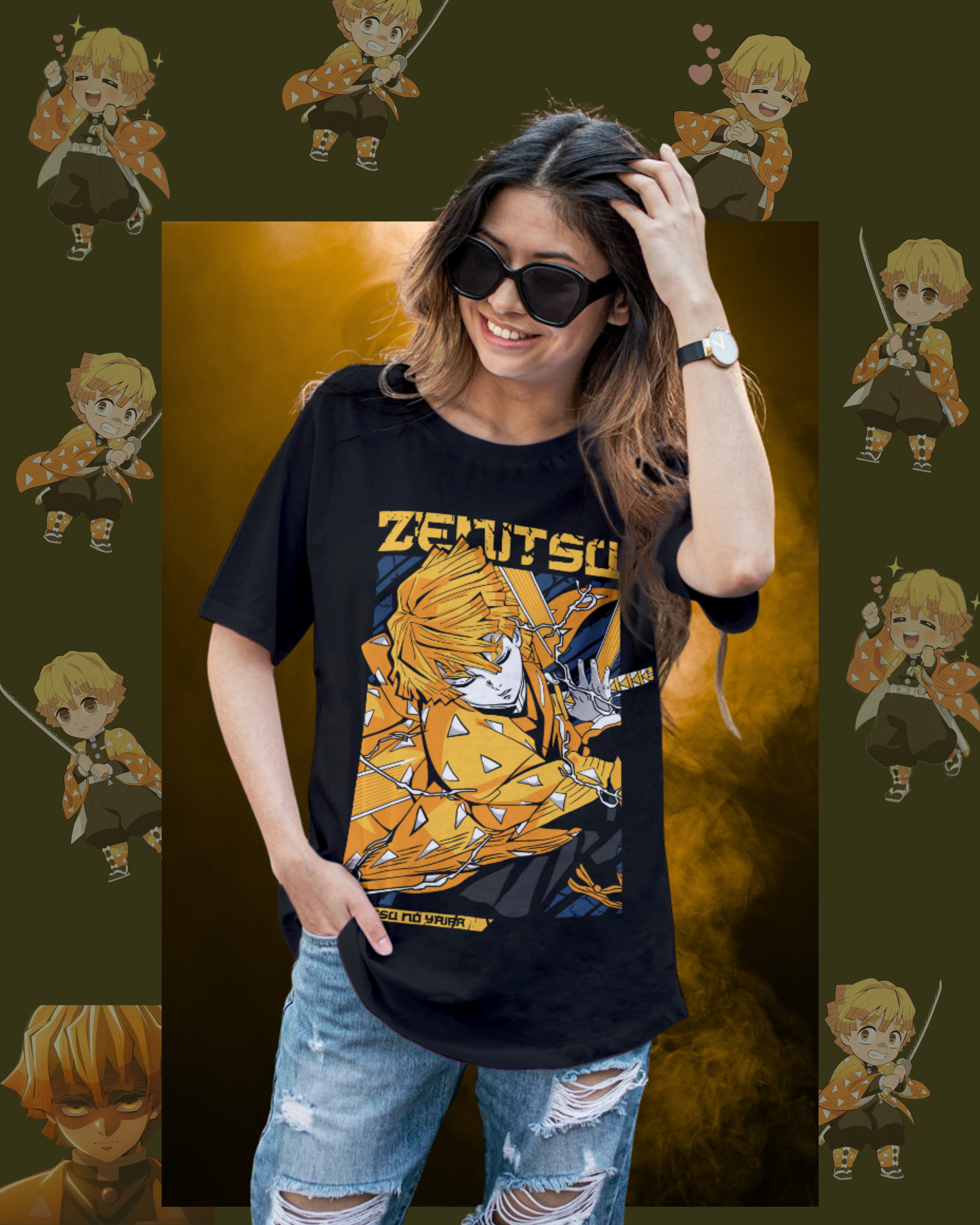 Oversized t-shirt with Zenitsu Agatsuma from Demon Slayer in thunder breathing pose, anime streetwear style for women